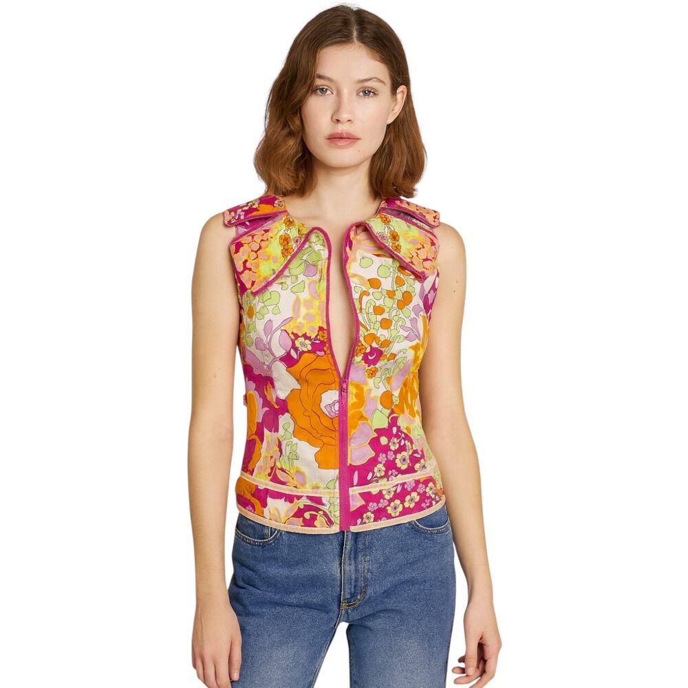 S VTG Moschino Jeans Colorful Psychedelic Hippie Floral Print Zip Up Vest